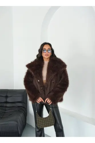 Kadın Siyah Premium Peluş Kışlık Suni Premium Kürk Mont-Kahverengi - 5