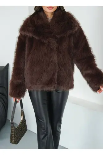 Kadın Siyah Premium Peluş Kışlık Suni Premium Kürk Mont-Kahverengi - 6