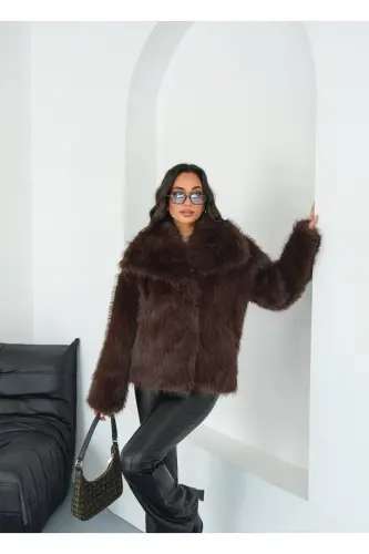 Kadın Siyah Premium Peluş Kışlık Suni Premium Kürk Mont-Kahverengi - 7