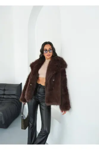 Kadın Siyah Premium Peluş Kışlık Suni Premium Kürk Mont - Kahverengi - 1