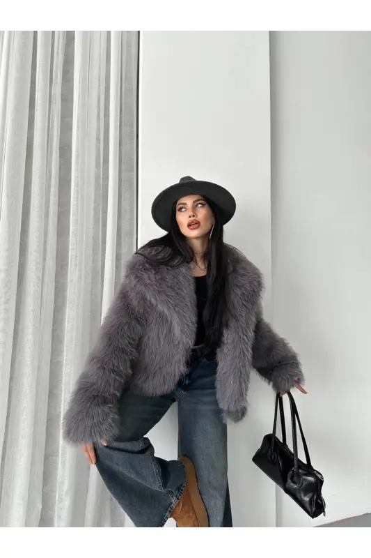 Yeni Sezon Kadın Premium Oversize Peluş Kürk Mont-KOYU GRİ - 1