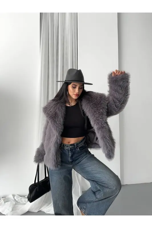 Yeni Sezon Kadın Premium Oversize Peluş Kürk Mont-KOYU GRİ - 2