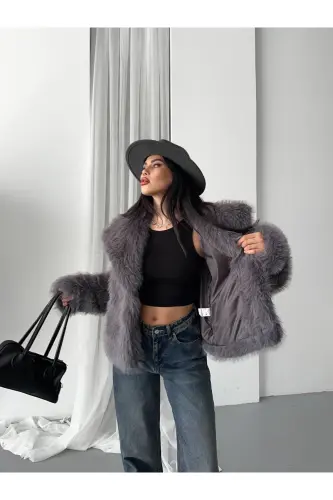 Yeni Sezon Kadın Premium Oversize Peluş Kürk Mont-KOYU GRİ - 3