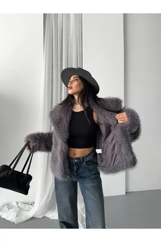 Yeni Sezon Kadın Premium Oversize Peluş Kürk Mont-KOYU GRİ - 3