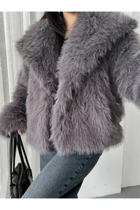 Yeni Sezon Kadın Premium Oversize Peluş Kürk Mont-KOYU GRİ - 6