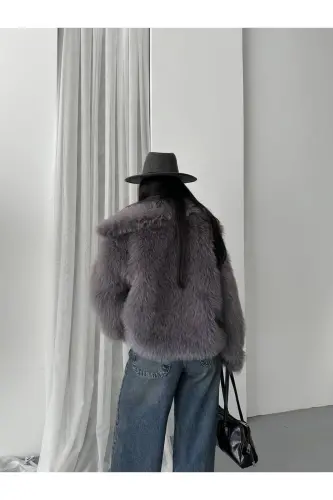 Yeni Sezon Kadın Premium Oversize Peluş Kürk Mont-KOYU GRİ - 7