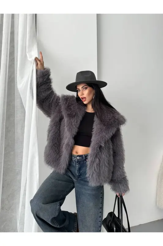 Yeni Sezon Kadın Premium Oversize Peluş Kürk Mont-KOYU GRİ - 8