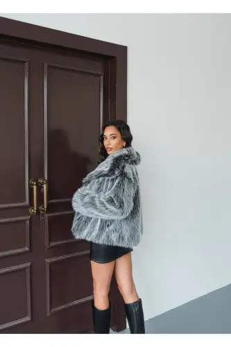 Kadın Siyah Premium Peluş Kışlık Suni Premium Kürk Mont-Metalik - 6