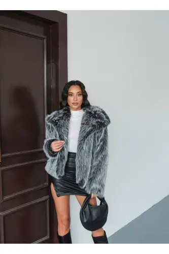 Kadın Siyah Premium Peluş Kışlık Suni Premium Kürk Mont-Metalik 