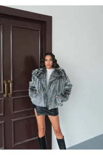 Kadın Siyah Premium Peluş Kışlık Suni Premium Kürk Mont-Metalik - 7