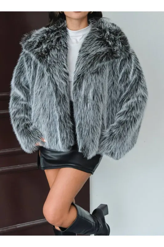 Kadın Siyah Premium Peluş Kışlık Suni Premium Kürk Mont-Metalik - 8