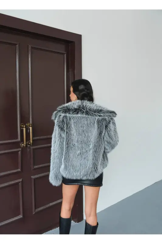 Kadın Siyah Premium Peluş Kışlık Suni Premium Kürk Mont - Metalik - 5