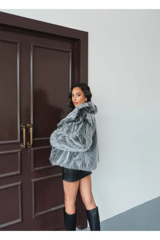 Kadın Siyah Premium Peluş Kışlık Suni Premium Kürk Mont - Metalik - 6