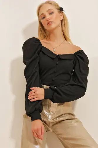 Kadın Siyah Prenses Kol Önü Düğme Detaylı Crep Bluz Alc-X10867-Siyah - 3