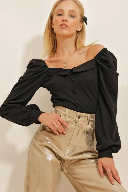 Kadın Siyah Prenses Kol Önü Düğme Detaylı Crep Bluz Alc-X10867-Siyah - 4