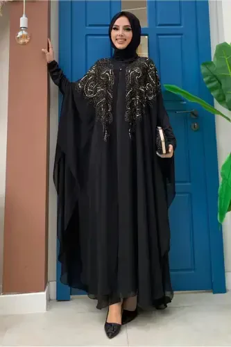 Kadın Siyah Pul Payet Işlemeli Pelerinli Abiye Elbise T 3773-SİYAH - 3