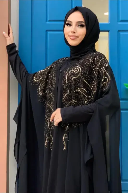 Kadın Siyah Pul Payet Işlemeli Pelerinli Abiye Elbise T 3773-SİYAH - 5