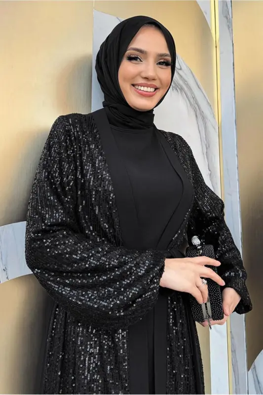 KADIN SİYAH PUL PAYETLİ ABİYE ELBİSE TAKIM T 3848-SİYAH - 1