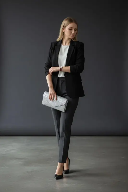 Kadın Siyah Rengi Portföy Çanta Zincirli-Gümüş Desenli - 4