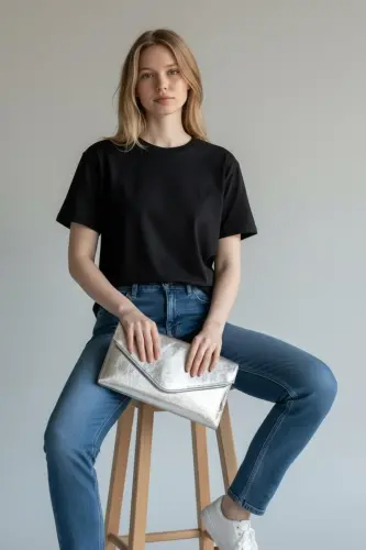 Kadın Siyah Rengi Portföy Çanta Zincirli-Gümüş 