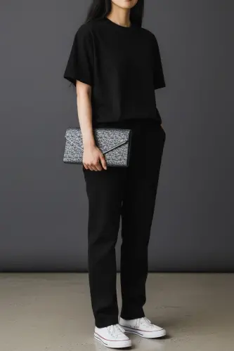 Kadın Siyah Rengi Portföy Çanta Zincirli-Siyah Desenli - 3