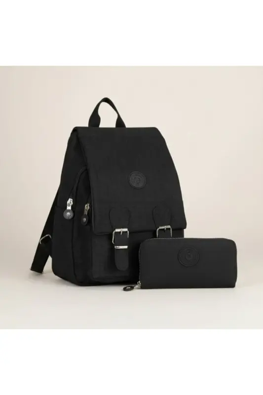 Kadın Siyah Renk Kipling Kumaş Kadın Omuz Ve Sırt Çantası Ve Cüzdan Set-Siyah Set - 1