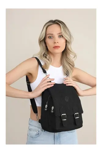 Kadın Siyah Renk Kipling Kumaş Kadın Omuz Ve Sırt Çantası Ve Cüzdan Set-Siyah Set - 6