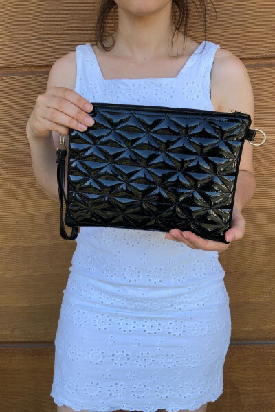 Kadın Siyah Rugan Üçgen Desenli Portföy Clutch El Çantası - 6