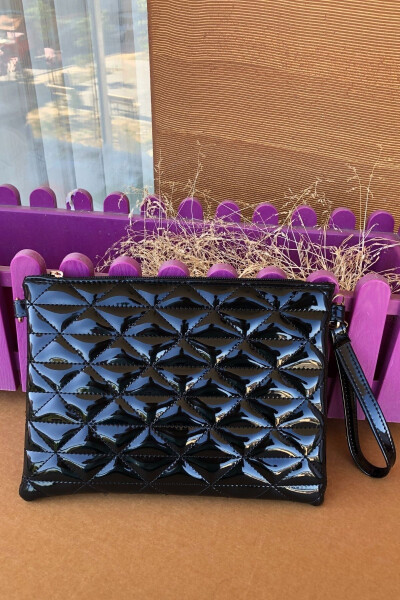 Kadın Siyah Rugan Üçgen Desenli Portföy Clutch El Çantası - 7