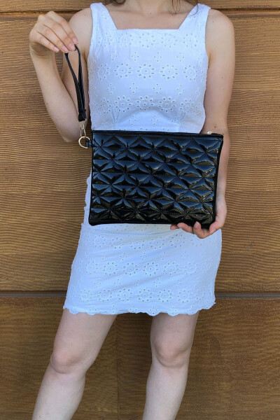 Kadın Siyah Rugan Üçgen Desenli Portföy Clutch El Çantası - 2