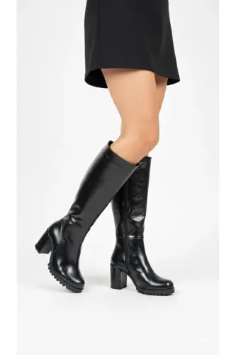 KADIN SİYAH RUSTİK RUGAN DİZ ALTI FERMUARLI TOPUKLU ÇİZME UN001-0118-Siyah Rustik - ÜNAL ÖZER (1)