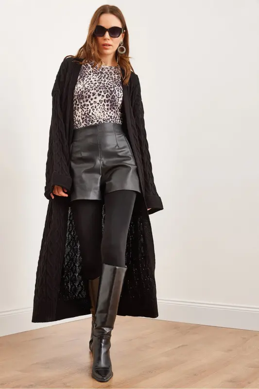 Kadın Siyah Saç Örgü Manşet Katlamalı Maxi Triko Hırka HRK-19000327-Siyah - OLALOOK