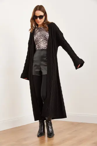 Kadın Siyah Saç Örgü Manşet Katlamalı Maxi Triko Hırka HRK-19000327-Siyah - OLALOOK (1)