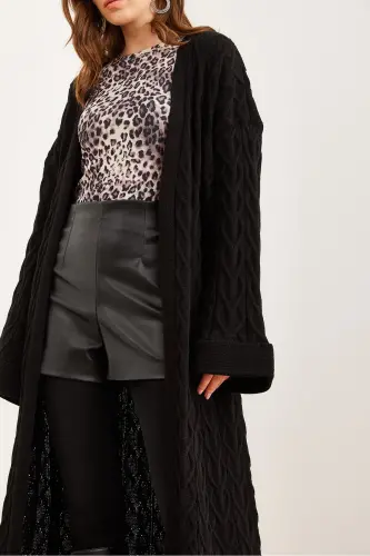 Kadın Siyah Saç Örgü Manşet Katlamalı Maxi Triko Hırka HRK-19000327-Siyah - 5