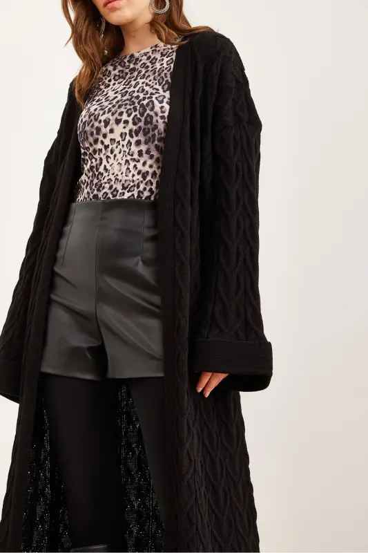 Kadın Siyah Saç Örgü Manşet Katlamalı Maxi Triko Hırka HRK-19000327-Siyah - 5