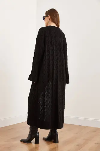 Kadın Siyah Saç Örgü Manşet Katlamalı Maxi Triko Hırka HRK-19000327-Siyah - 6