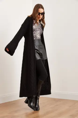 Kadın Siyah Saç Örgü Manşet Katlamalı Maxi Triko Hırka HRK-19000327-Siyah - 3