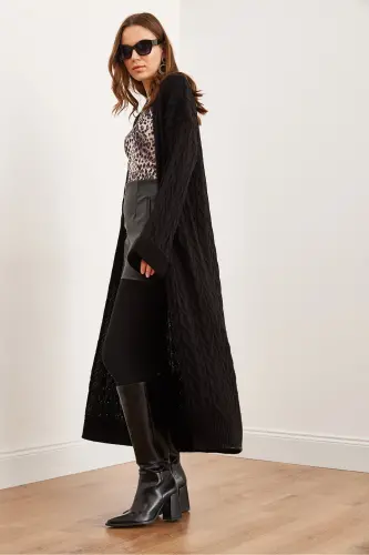 Kadın Siyah Saç Örgü Manşet Katlamalı Maxi Triko Hırka HRK-19000327-Siyah - 4