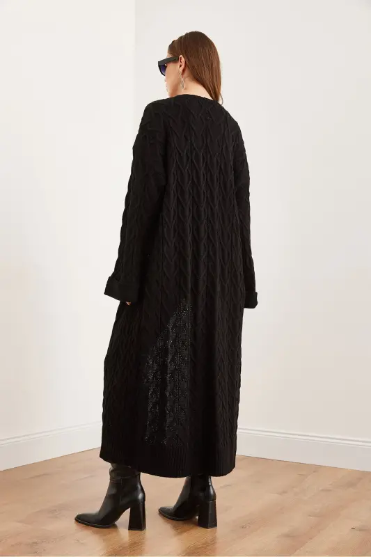 Kadın Siyah Saç Örgü Manşet Katlamalı Maxi Triko Hırka HRK-19000327-Siyah - 6