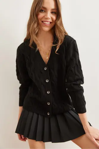 Kadın Siyah Saç Örgülü Triko Hırka HRK-19000298-Siyah - 4