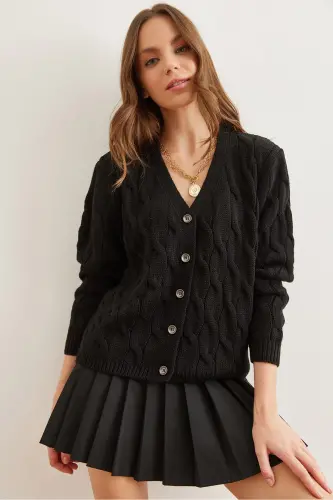 Kadın Siyah Saç Örgülü Triko Hırka HRK-19000298-Siyah 