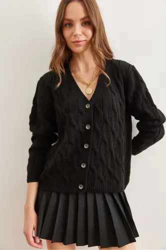 Kadın Siyah Saç Örgülü Triko Hırka HRK-19000298-Siyah - OLALOOK (1)