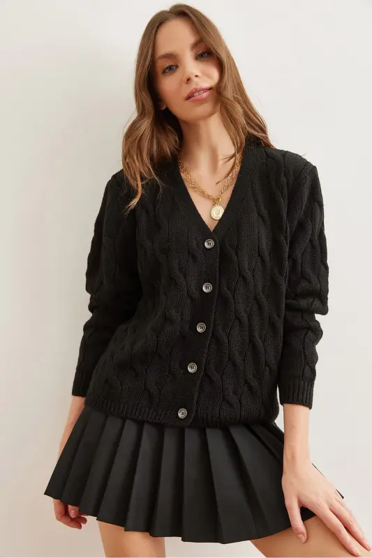 Kadın Siyah Saç Örgülü Triko Hırka HRK-19000298-Siyah - 1