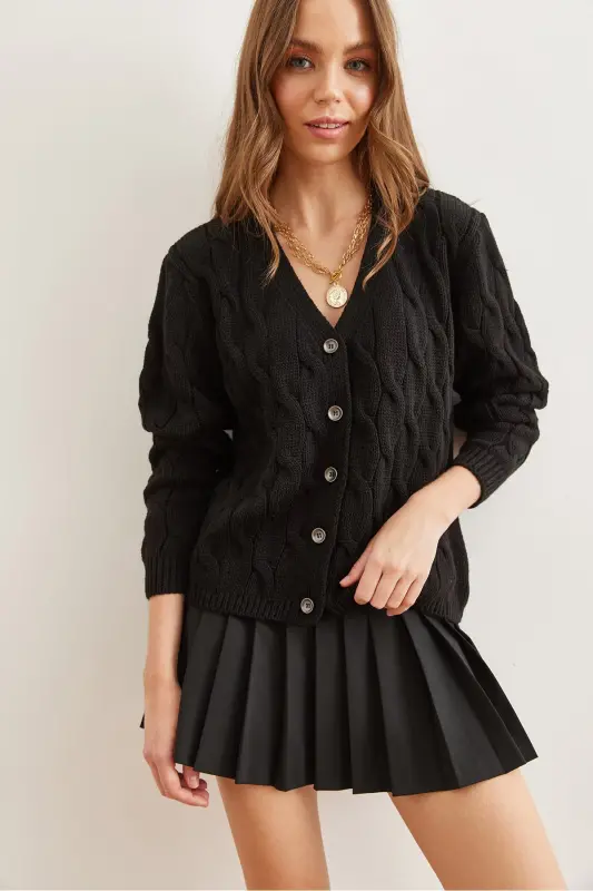 Kadın Siyah Saç Örgülü Triko Hırka HRK-19000298-Siyah - 3