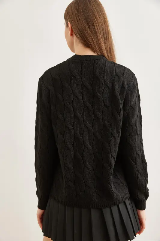 Kadın Siyah Saç Örgülü Triko Hırka HRK-19000298-Siyah - 5