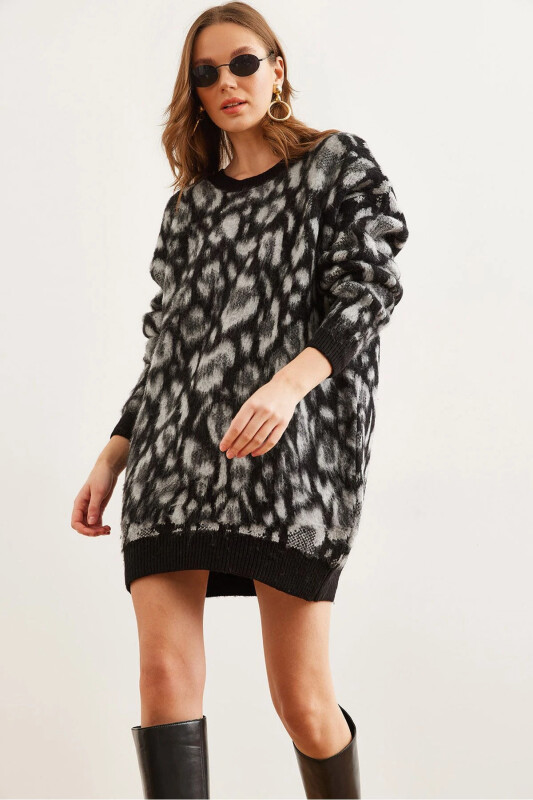 Kadın Siyah Şardonlu Oversize Leopar Tunik Elbise ELB-19002298 - Siyah - OLALOOK