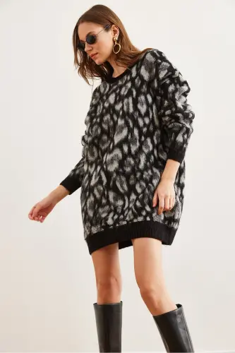 Kadın Siyah Şardonlu Oversize Leopar Tunik Elbise ELB-19002298 - Siyah - OLALOOK (1)