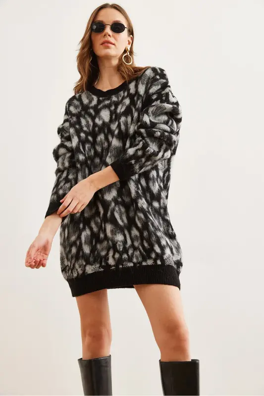 Kadın Siyah Şardonlu Oversize Leopar Tunik Elbise ELB-19002298 - Siyah - 3