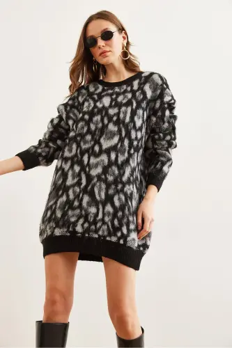 Kadın Siyah Şardonlu Oversize Leopar Tunik Elbise ELB-19002298 - Siyah - 4