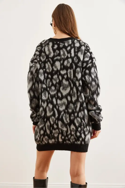 Kadın Siyah Şardonlu Oversize Leopar Tunik Elbise ELB-19002298 - Siyah - 6